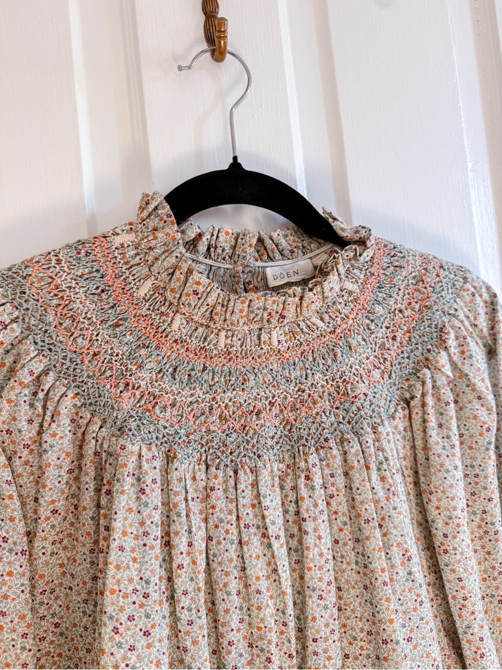 Doen Smocked Floral Blouse in Cream with Pink and Green Accents - Picture 2 of 9